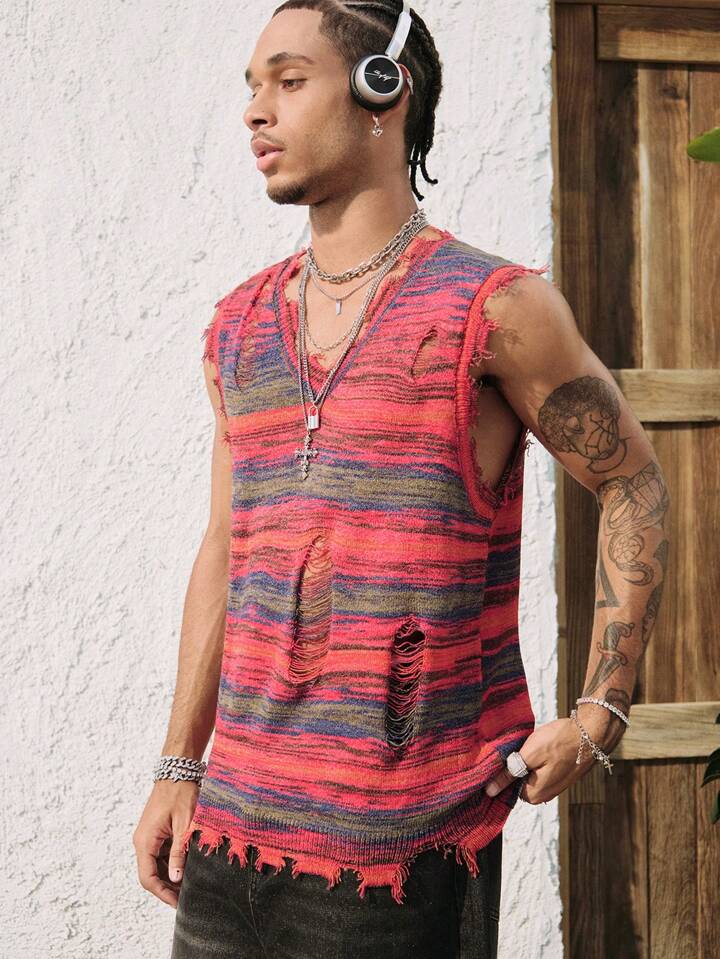 Men's Gradient Distressed V-Neck Sleeveless Casual Top, Suitable For Everyday Wear Vacation