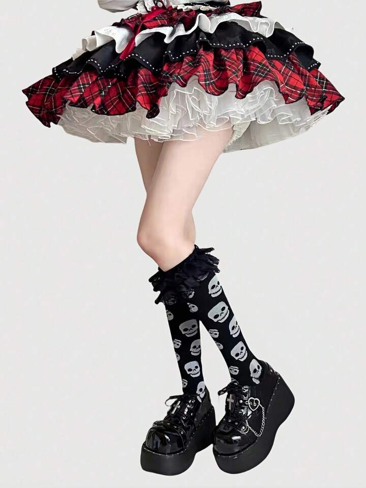 Kawaii 2 Pairs Y2K Punk Style Black & White Contrast Color Skeleton Patterned Thigh High Socks And Solid Color Lace Trim Thigh High Socks Set, Suitable For Music Festivals, Anime-Inspired Outfits, Casual Wear