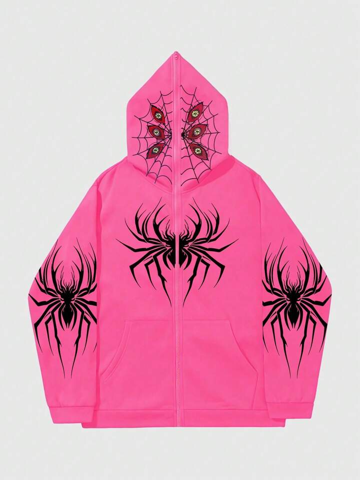 Men's Front Zip Spider Print Simple Hooded Casual Sweatshirt, Halloween