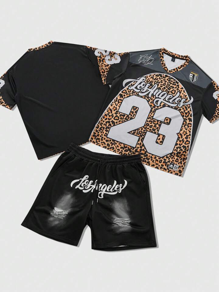 Prep 2pcs/Set Men Streetwear Style Patchwork Leopard Print & Numeric English Letter Graphic Tee Shirt Set
