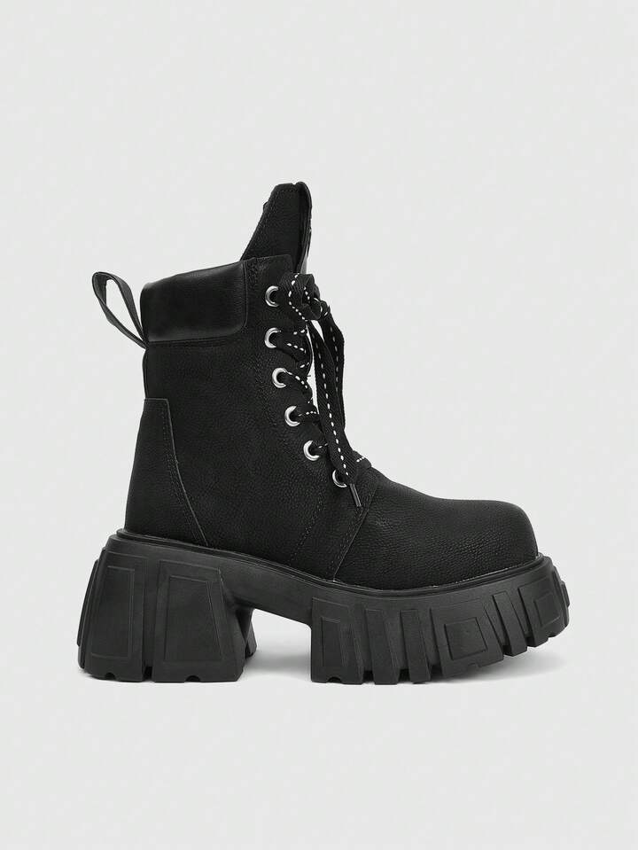 Women's Dark Punk Gothic Lace-Up Platform Thick Sole Motorcycle Boots, Ankle Boots And Short Boots With Inner Height Increase