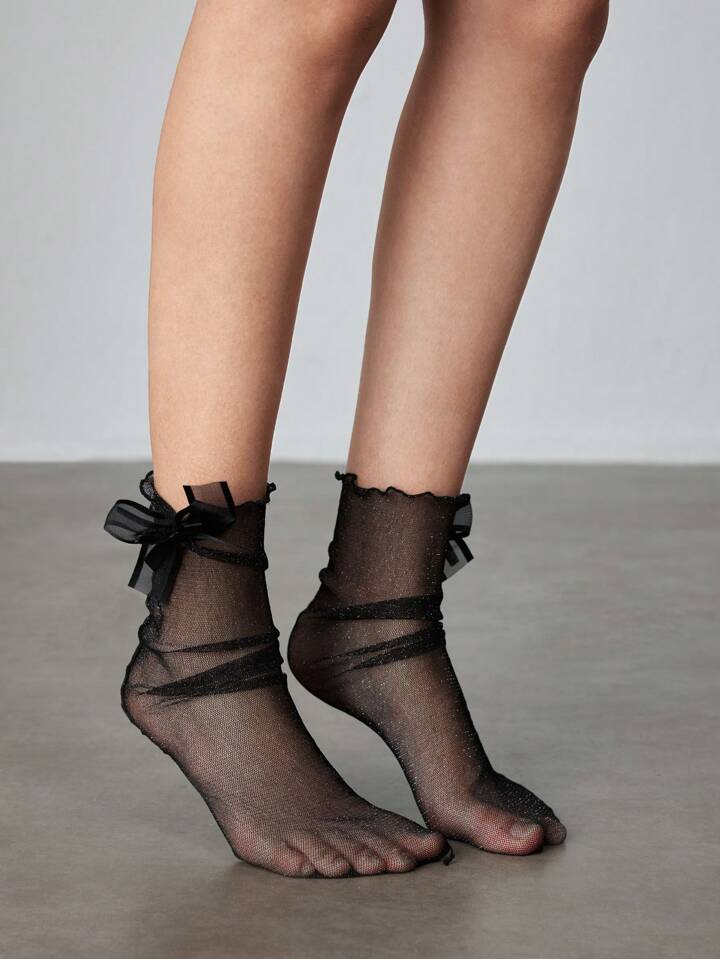 Kawaii Women Mid-Calf Socks With Bow Decor & Glittering Details