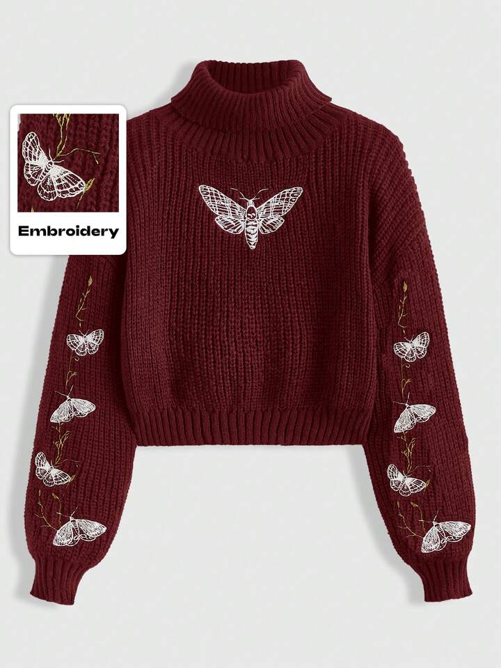 Goth Plus Size Women Moth & Butterfly Vine Embroidery Pullover Sweater