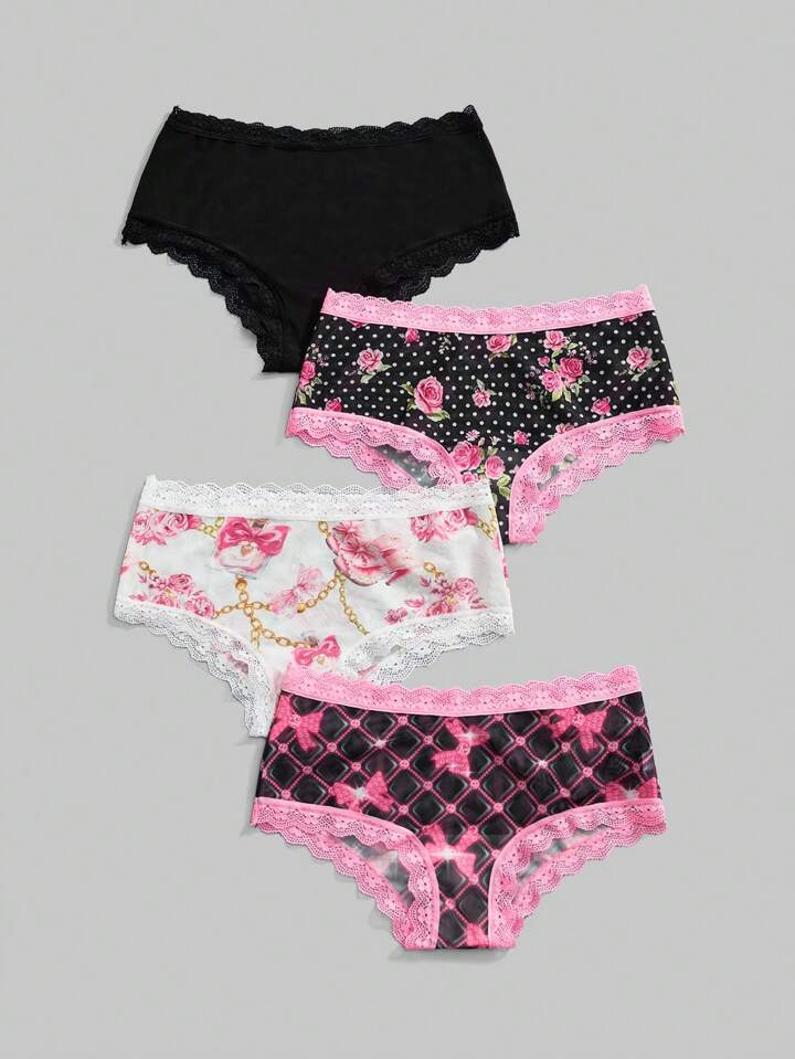 J-Fashion 4pcs Y2K Subculture Set: Rose Floral Chain Butterfly Full Print Lace Patchwork Thong Panties