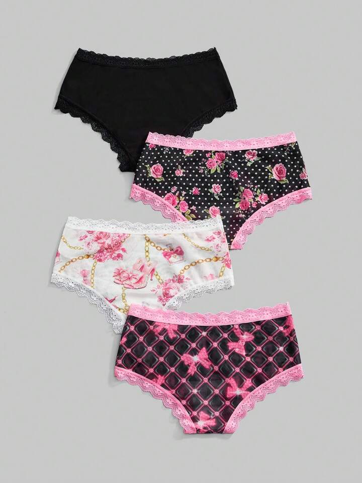 J-Fashion 4pcs Y2K Subculture Set: Rose Floral Chain Butterfly Full Print Lace Patchwork Thong Panties