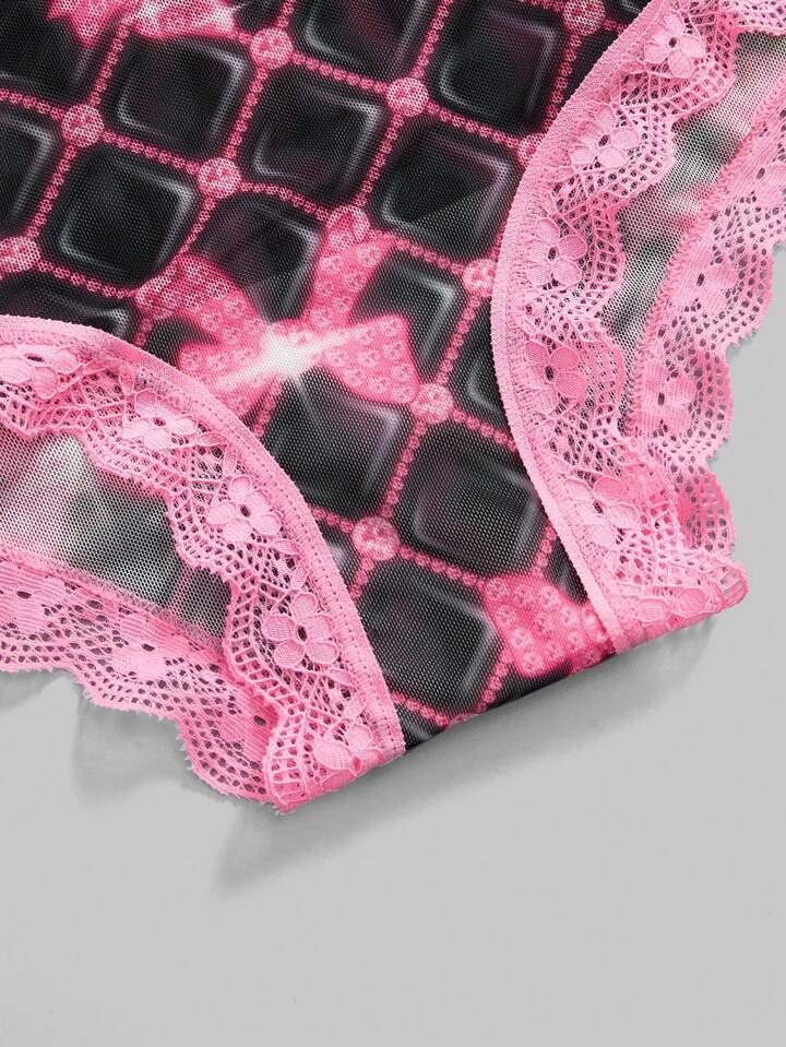 J-Fashion 4pcs Y2K Subculture Set: Rose Floral Chain Butterfly Full Print Lace Patchwork Thong Panties