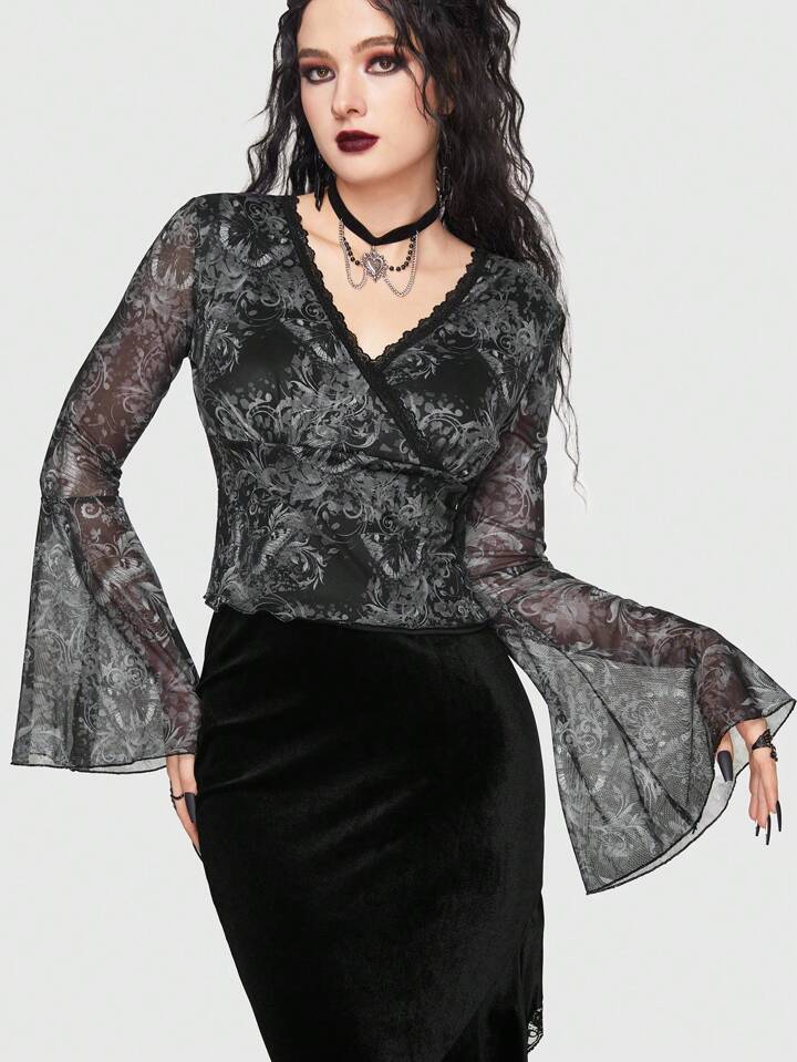 Goth Floral Print Contrast Lace Trumpet Sleeve Mesh Top