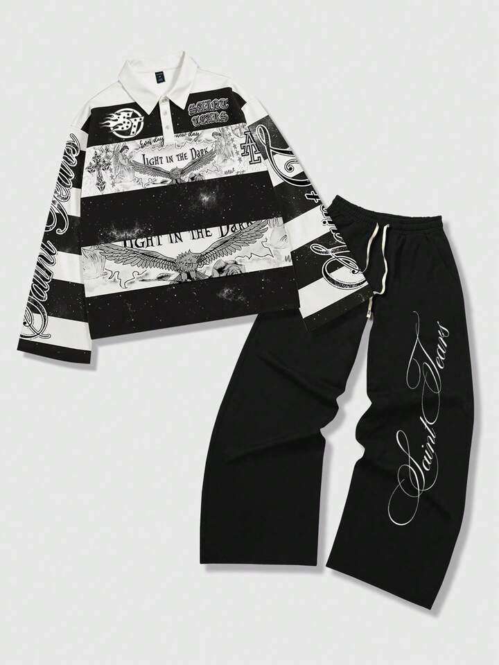 Street Life 2pcs Men's Casual Street Style Set, Top + Sweatpants