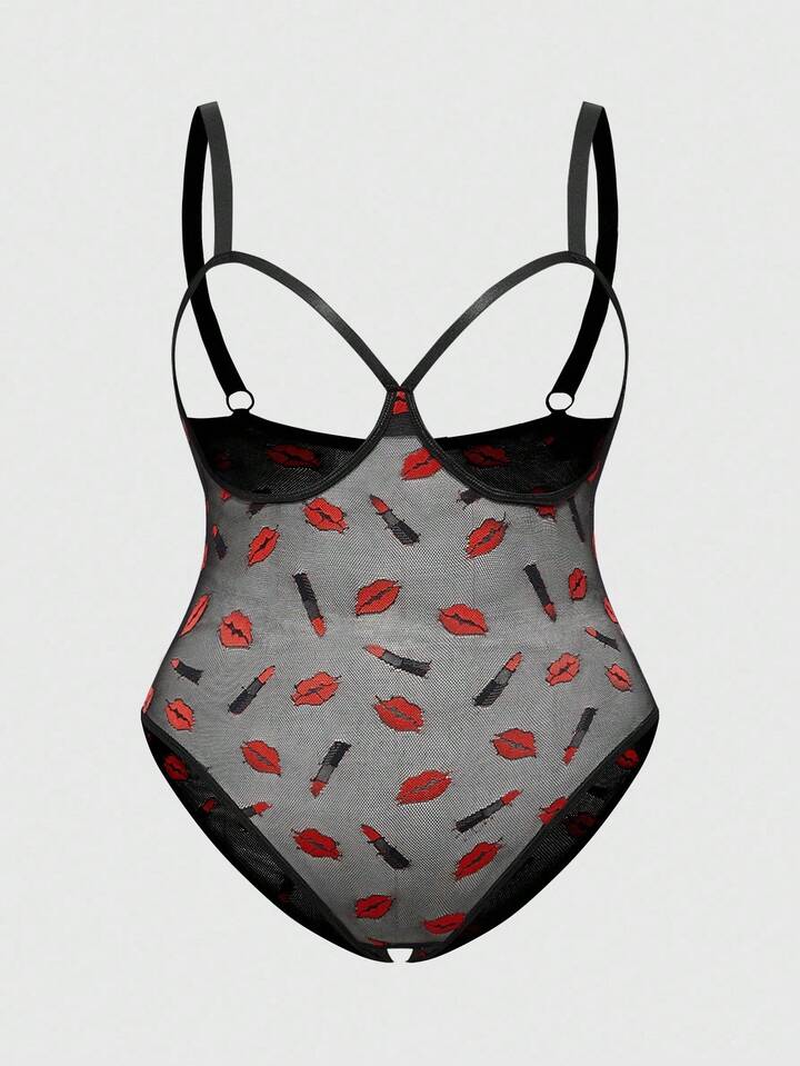 ROMWE Avant Plus Size Sexy Lace Sheer Lip Print Mesh Bodysuit Lingerie, For Valentine's Day