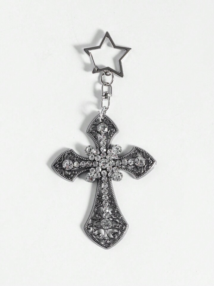 1pc Y2K Gothic Style Black Crystal Pistol Cross Pendant Bag Charm, Halloween