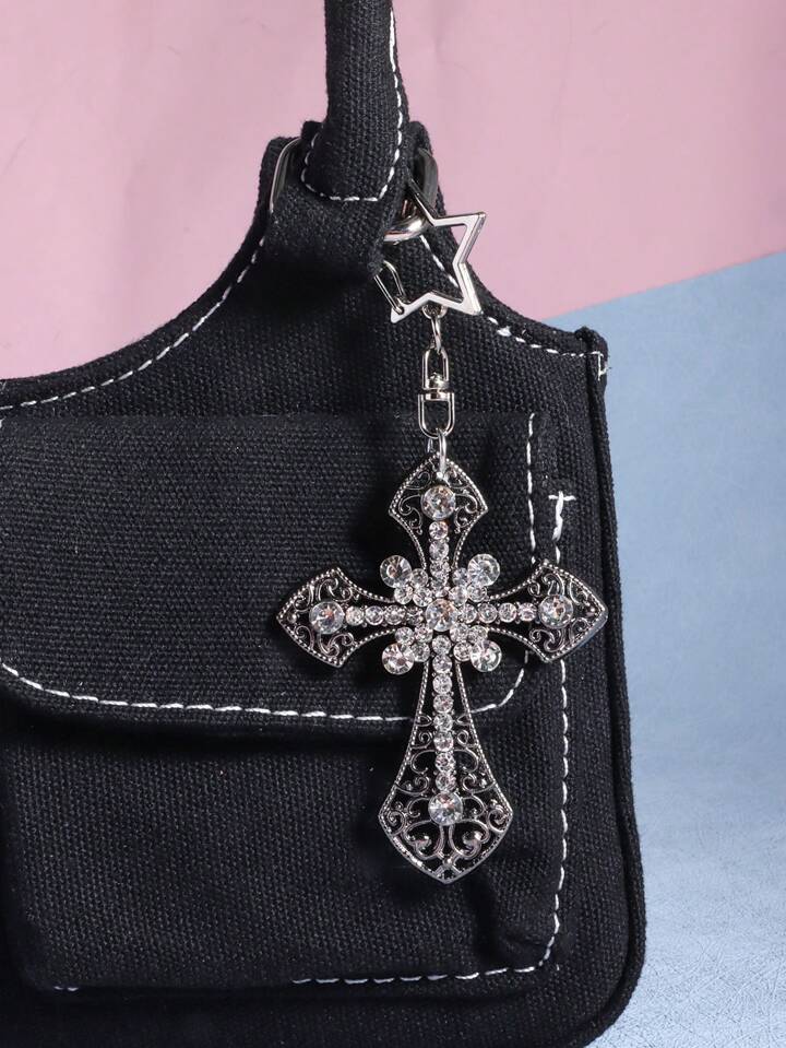 1pc Y2K Gothic Style Black Crystal Pistol Cross Pendant Bag Charm, Halloween