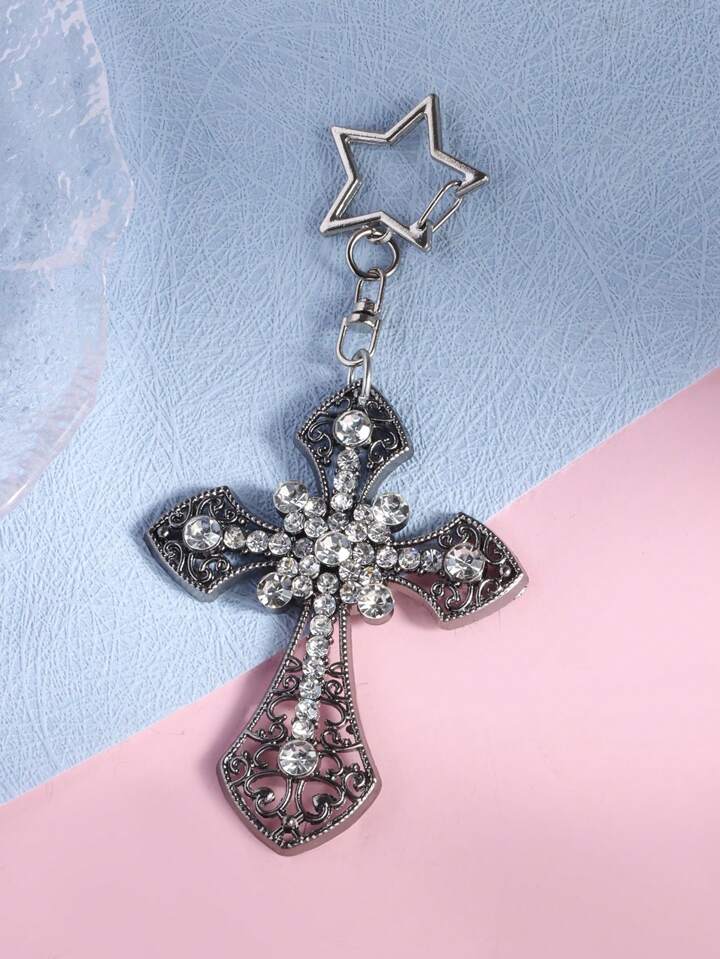 1pc Y2K Gothic Style Black Crystal Pistol Cross Pendant Bag Charm, Halloween