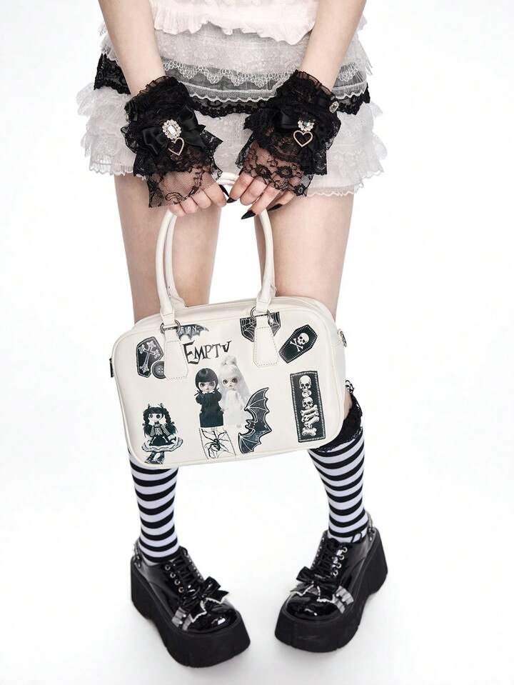 Gothic Dark Doll Element White Handbag: Visual Impact Of Skull, Bat And Unique Doll