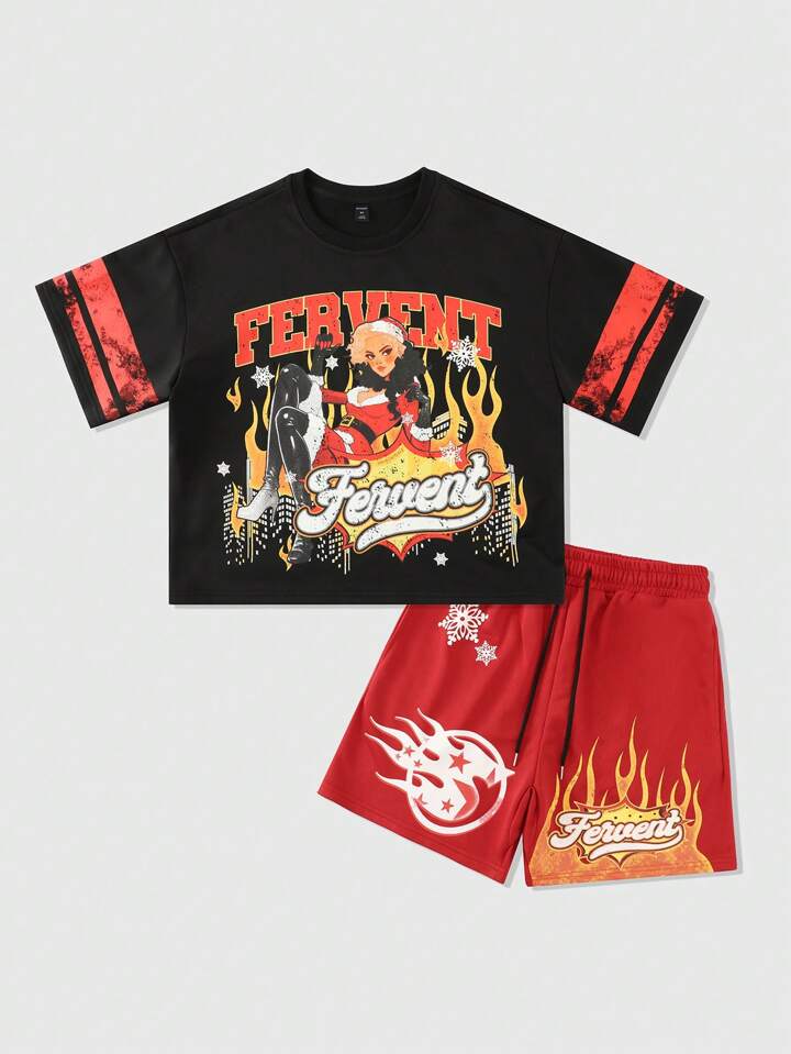 Street Life 1 Set Men's Anime Printed T-Shirt And Shorts Suit, Fashionable For Summer