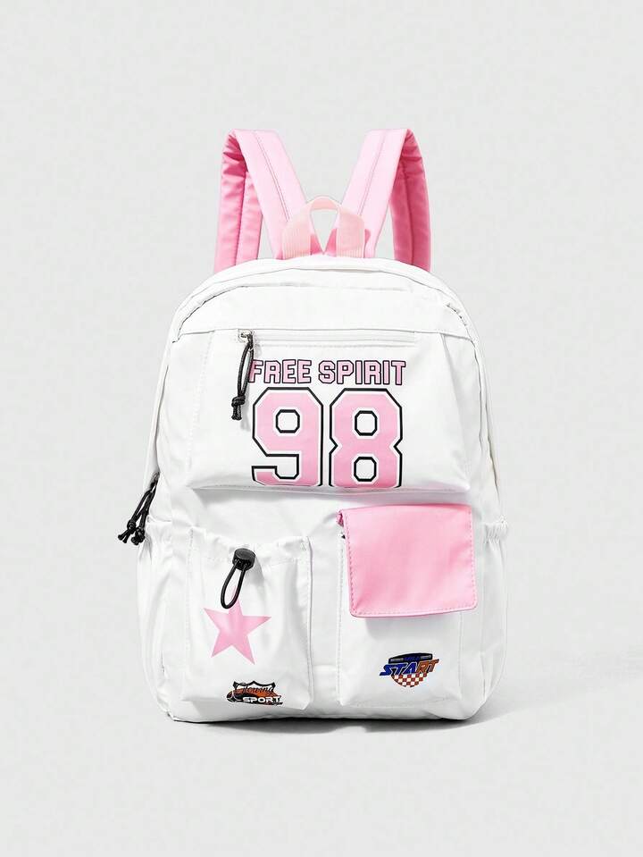 ROMWE Avant Pink Number 98 Print Large Capacity Backpack, Suitable For Back To School Season