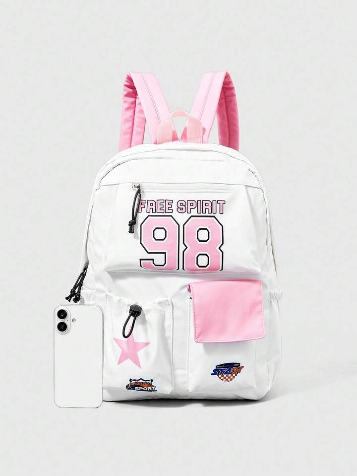 ROMWE Avant Pink Number 98 Print Large Capacity Backpack, Suitable For Back To School Season 4 ROMWE Avant Pink Number 98 Print Large Capacity Backpack, Suitable For Back To School Season