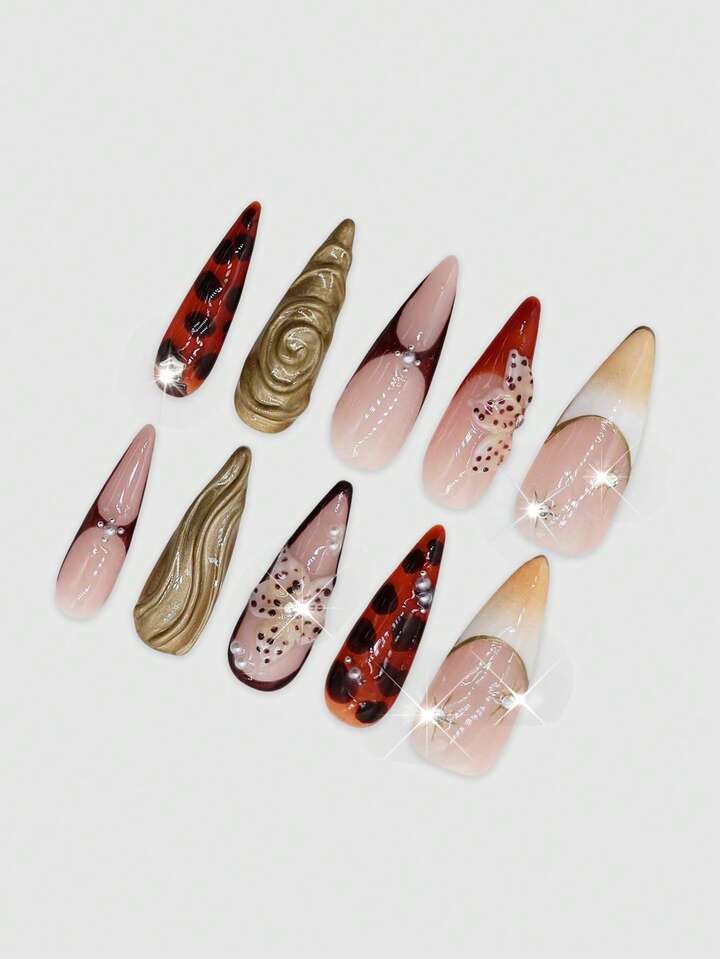 J-Fashion 10 Pieces Of Carved Hand-Painted Fake Nails + 3 Pieces Of Double-Sided Tape, Y 2 K High-Quality Leopard Print Glossy Diamond Removable Long Almond-Shaped Wearing Armor, Suitable For Holiday Parties, Proms And Daily Wear.