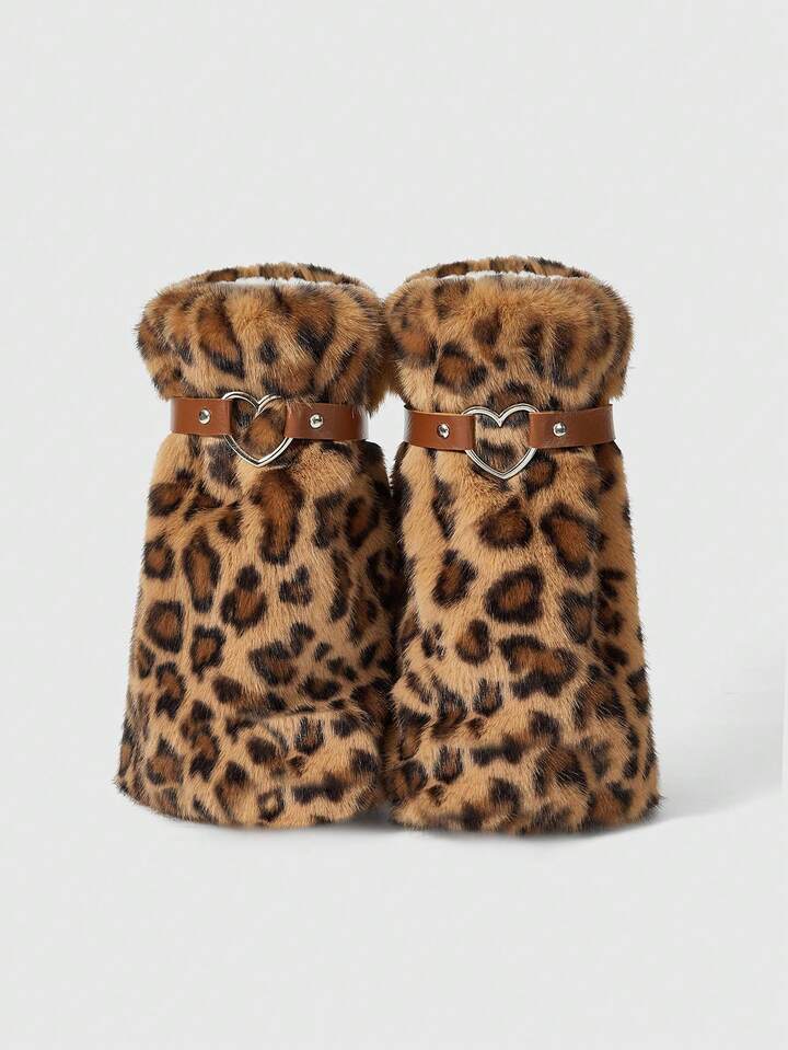 Goth 1 Pair Brown Y2K Retro Furry Leopard Print Textured Animal Pattern With Heart Buckle Splice Design Short Leg Warmers, Fashionable Minimalist Wild Style Leg Warmers, Suitable For Commuting, School, Shopping, Party, Halloween, Christmas And Other Occasions