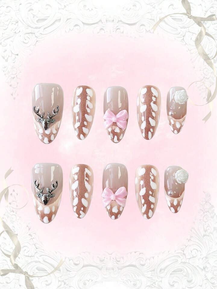 Fairycore 10pcs Cute Bowknot Music Note Star Element High Quality Handmade False Nails + 3pcs Double-Sided Adhesive, Y2K French Style Rhinestone Chain Polka Dot Removable Nail Art Stickers, Suitable For Holidays, Parties, Dancing And Daily Wear