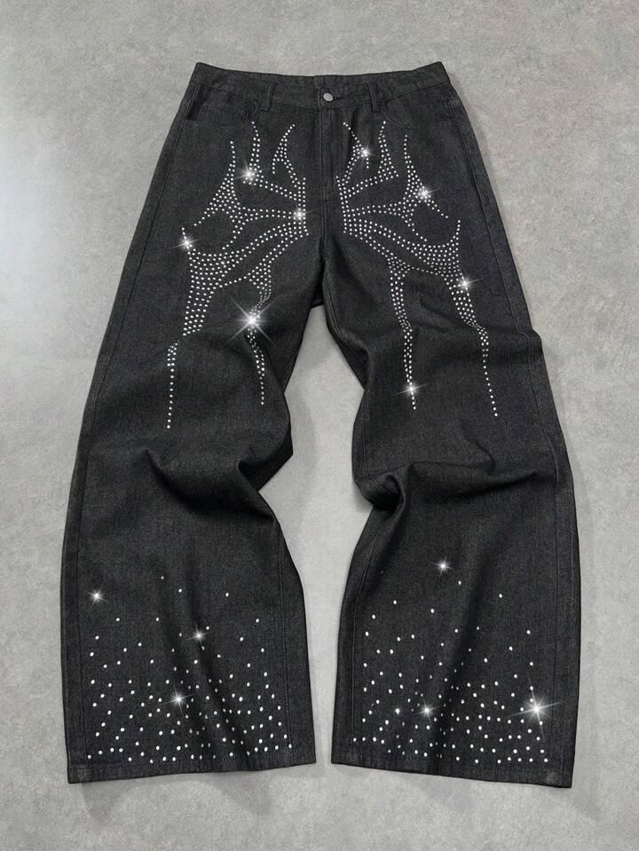 Men's Casual Loose Fit Rhinestone Embellished Jeans With Belt Loops