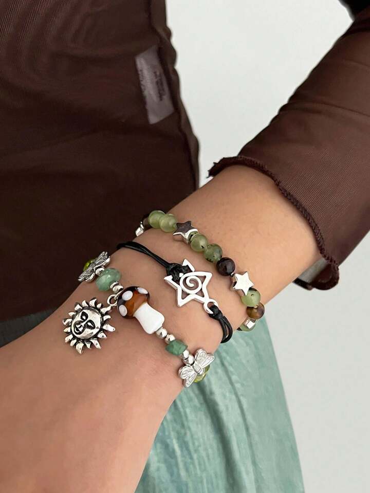 3pcs Bohemian Style Beaded Bracelets With Sun, Star, Butterfly Charms, Women Jewelry Accessories For Everyday And Party Outfits