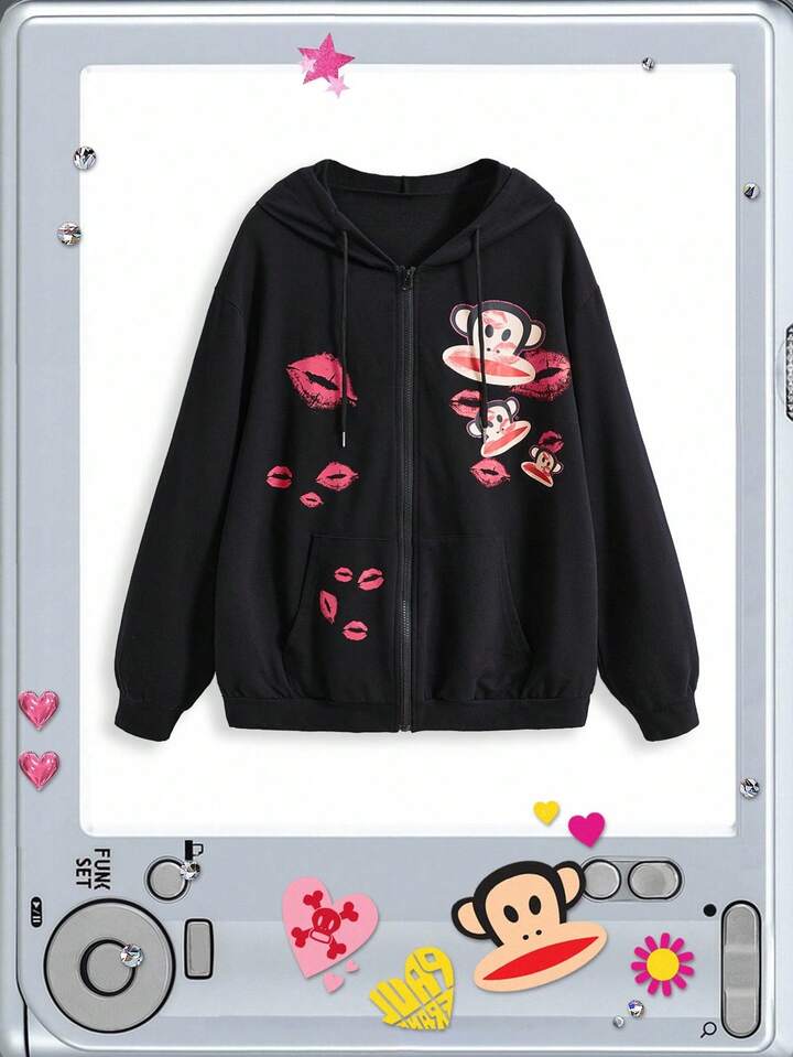 Paul Frank X ROMWE Y2K Subculture Street Girl Logo Print Zip-Up Sweatshirt, Campus Style, Women's Long Sleeve Sweatshirt