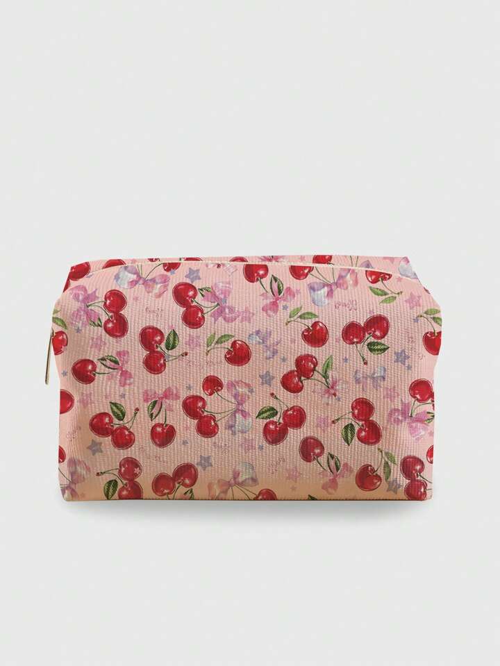Kawaii Cherry Pattern Octagonal Velvet Cosmetics Bag