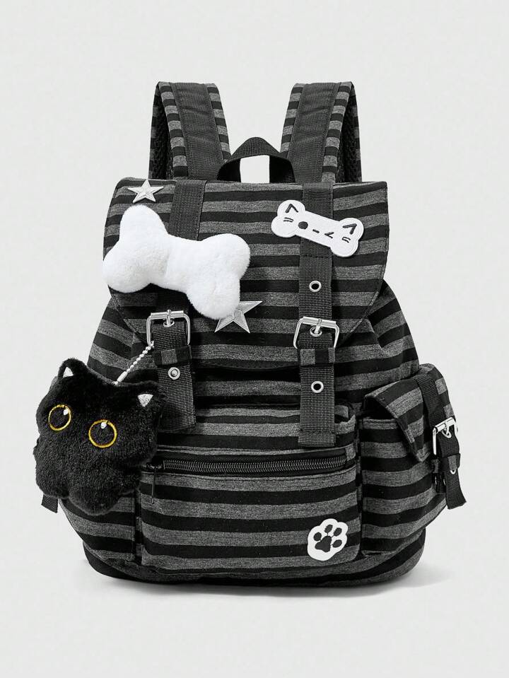 Grunge Punk Punk School Style Cat Paw, Bone, Star & Striped Color Block Multi-Pocket Unisex Backpack, Large Capacity For Commute And School Useback To School Essentials, Bags For University, University Essentials ,University Bag , Back To School