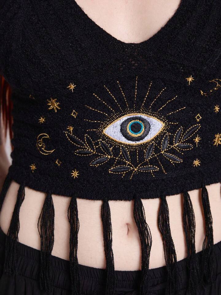 Boho Summer Women, Black Asymmetrical Fringed Knit Top With Moon And Star Embroidery, Hippie Vacation Style