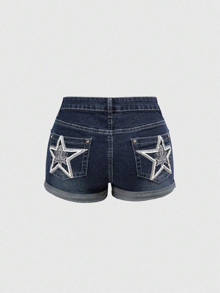 ROMWE Avant Women's Y2K Star Millenium Babe Low Waist Denim Shorts