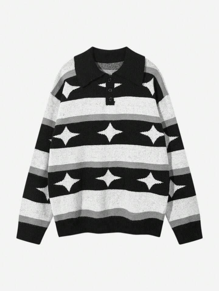 Academia Men's Collared Half Button Striped Sleeve Long Sleeve Sweater, Daily Casual, School