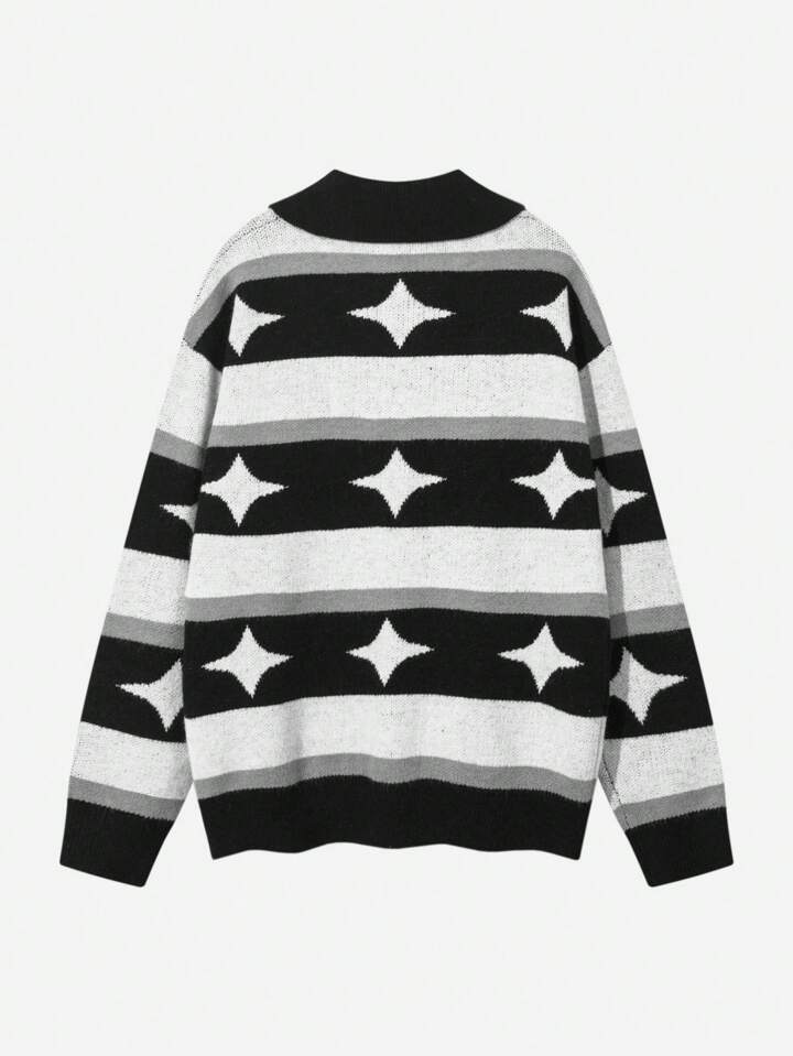 Academia Men's Collared Half Button Striped Sleeve Long Sleeve Sweater, Daily Casual, School