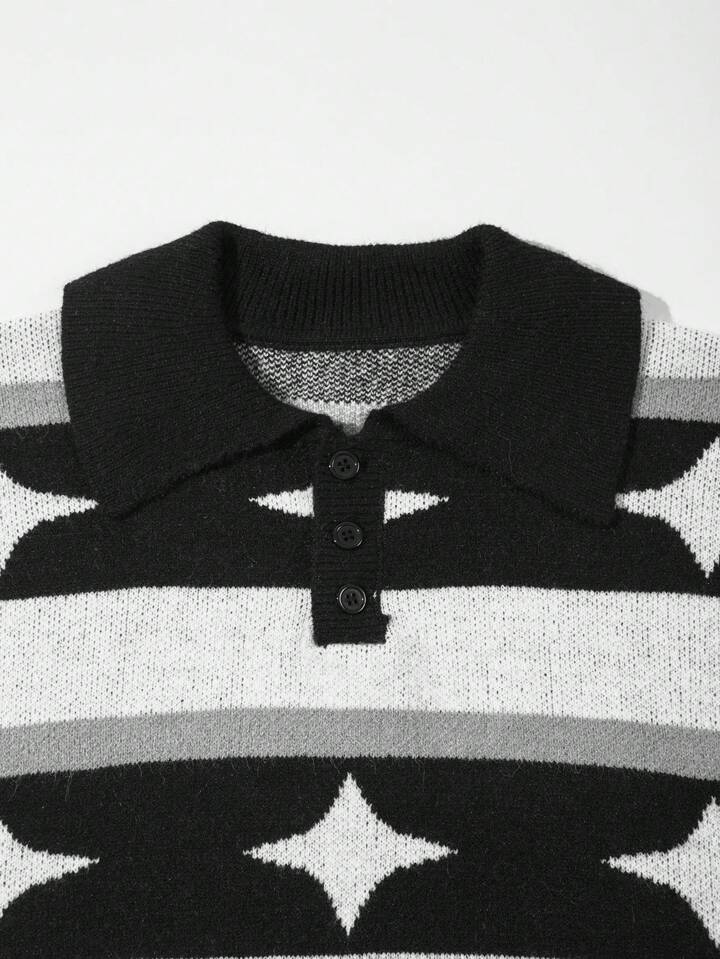 Academia Men's Collared Half Button Striped Sleeve Long Sleeve Sweater, Daily Casual, School
