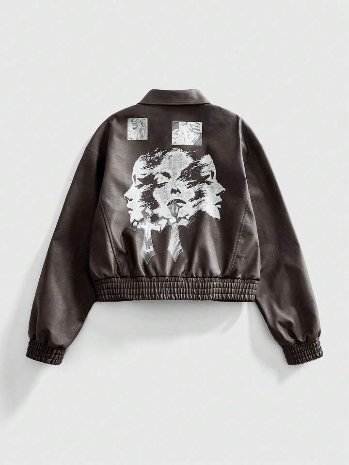 Casual Men's Fashionable Figure Print Lapel PU Jacket, Autumn