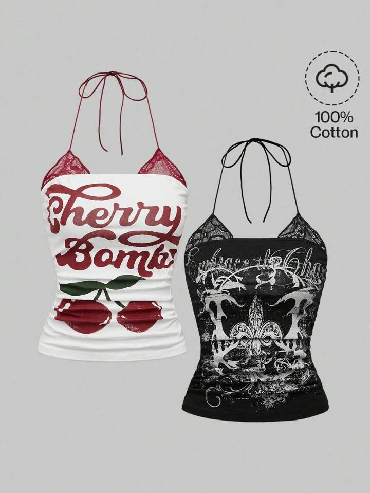 2pcs Set: Retro Cherry Print & Punk Vine Print Splice Lace Mock Neck Plus Size Bodycon Cami Top, Summer Top
