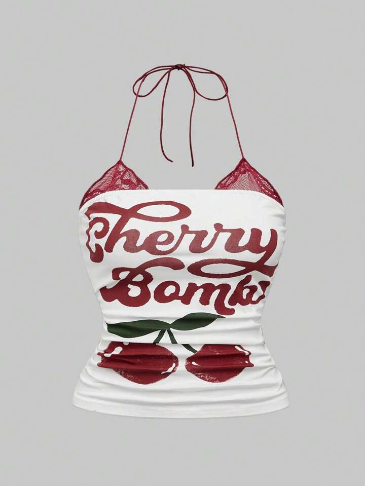 2pcs Set: Retro Cherry Print & Punk Vine Print Splice Lace Mock Neck Plus Size Bodycon Cami Top, Summer Top