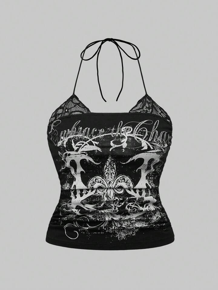 2pcs Set: Retro Cherry Print & Punk Vine Print Splice Lace Mock Neck Plus Size Bodycon Cami Top, Summer Top
