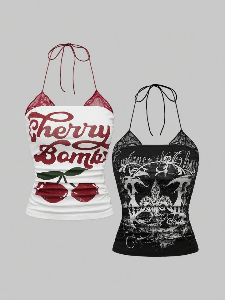 2pcs Set: Retro Cherry Print & Punk Vine Print Splice Lace Mock Neck Plus Size Bodycon Cami Top, Summer Top 5 2pcs Set: Retro Cherry Print & Punk Vine Print Splice Lace Mock Neck Plus Size Bodycon Cami Top, Summer Top