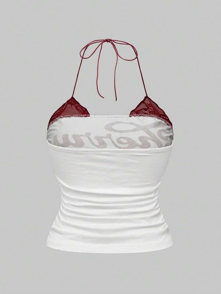 2pcs Set: Retro Cherry Print & Punk Vine Print Splice Lace Mock Neck Plus Size Bodycon Cami Top, Summer Top 6 2pcs Set: Retro Cherry Print & Punk Vine Print Splice Lace Mock Neck Plus Size Bodycon Cami Top, Summer Top