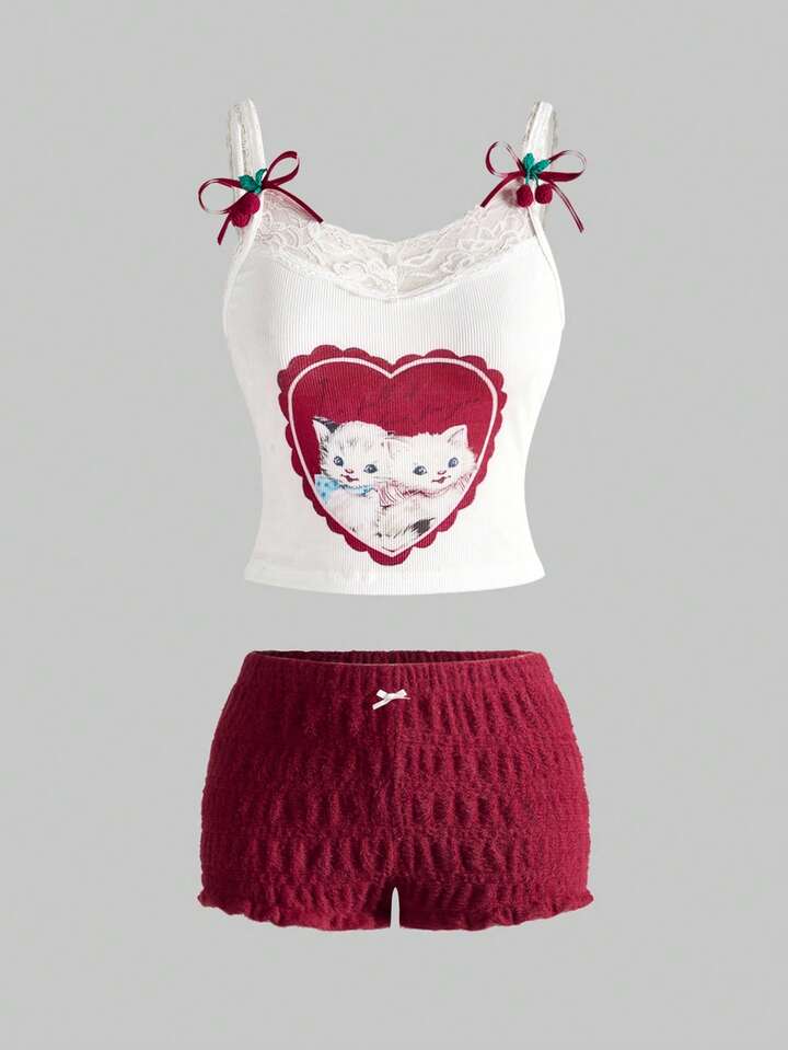 2pcs/Set Casual Kitten Print Lace Trim Camisole Top And Ruched Shorts Set For Women