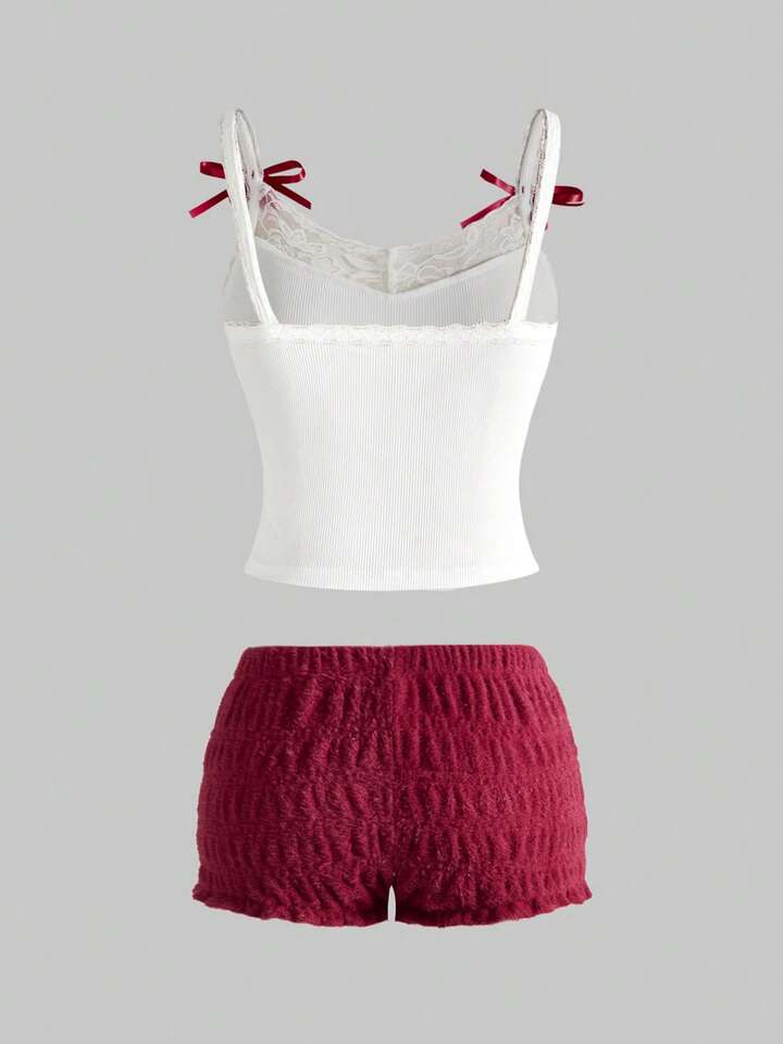 2pcs/Set Casual Kitten Print Lace Trim Camisole Top And Ruched Shorts Set For Women 2 2pcs/Set Casual Kitten Print Lace Trim Camisole Top And Ruched Shorts Set For Women