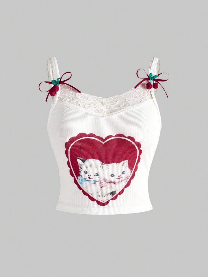 2pcs/Set Casual Kitten Print Lace Trim Camisole Top And Ruched Shorts Set For Women 7 2pcs/Set Casual Kitten Print Lace Trim Camisole Top And Ruched Shorts Set For Women
