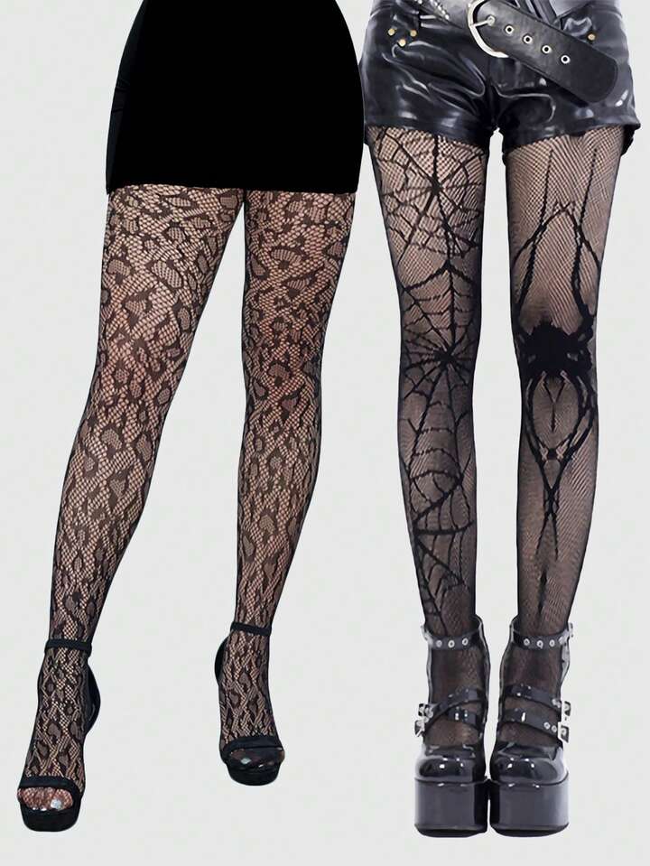 Goth 2 Pairs Spider & Bat Design Fishnet Pantyhose, Halloween