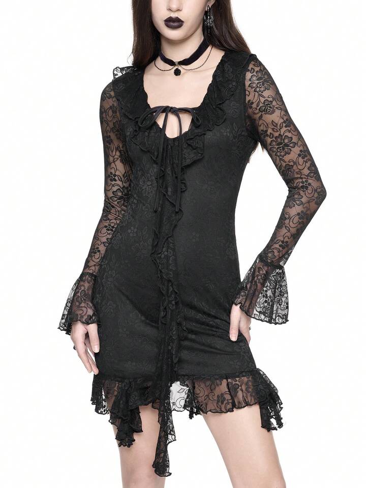 Goth Black Lace Elastic Super Short Bodycon Strap Bowknot Front Low-Cut Mini Dress, Sexy For Valentine's Day
