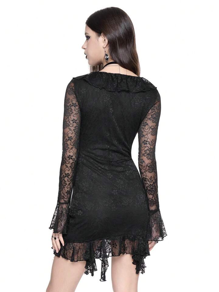 Goth Black Lace Elastic Super Short Bodycon Strap Bowknot Front Low-Cut Mini Dress, Sexy For Valentine's Day 2 Goth Black Lace Elastic Super Short Bodycon Strap Bowknot Front Low-Cut Mini Dress, Sexy For Valentine's Day