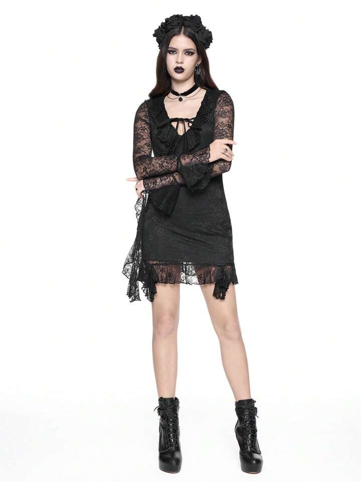 Goth Black Lace Elastic Super Short Bodycon Strap Bowknot Front Low-Cut Mini Dress, Sexy For Valentine's Day 3 Goth Black Lace Elastic Super Short Bodycon Strap Bowknot Front Low-Cut Mini Dress, Sexy For Valentine's Day