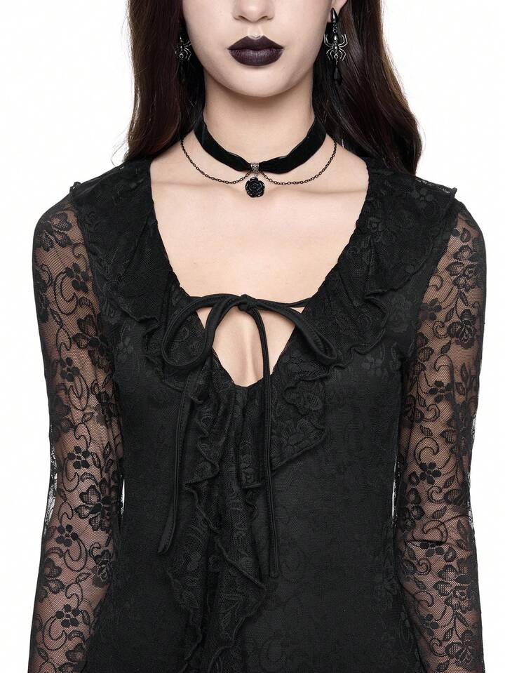 Goth Black Lace Elastic Super Short Bodycon Strap Bowknot Front Low-Cut Mini Dress, Sexy For Valentine's Day 5 Goth Black Lace Elastic Super Short Bodycon Strap Bowknot Front Low-Cut Mini Dress, Sexy For Valentine's Day