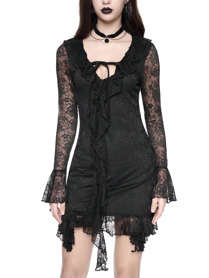 Goth Black Lace Elastic Super Short Bodycon Strap Bowknot Front Low-Cut Mini Dress, Sexy For Valentine's Day 6 Goth Black Lace Elastic Super Short Bodycon Strap Bowknot Front Low-Cut Mini Dress, Sexy For Valentine's Day