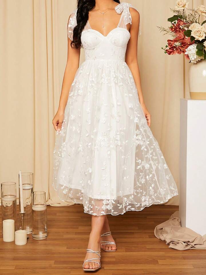 Floral Embroidered Elegant White Wedding Dress, Bridal Shower Dress White Dress,Bride