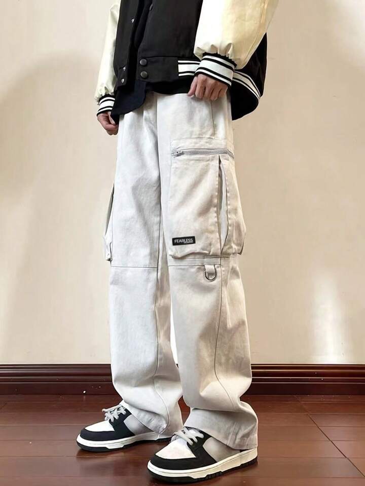 Loose Fit Men's Letter Patched Detail Flap Pocket Side Drawstring Waist Pants Baggy Long Cargo Plain All White Going Out, Fall